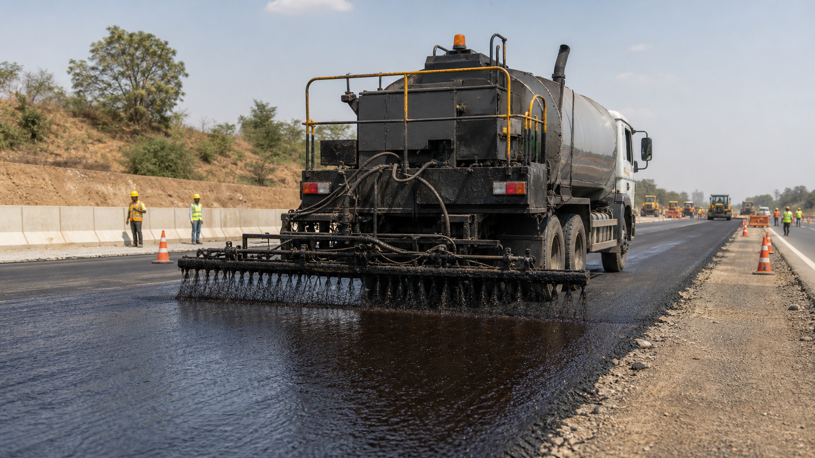Bitumen sprayer applying road coat