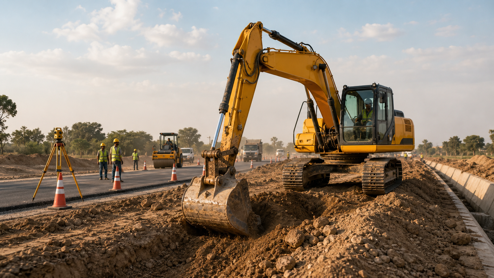 Excavator at road construction site