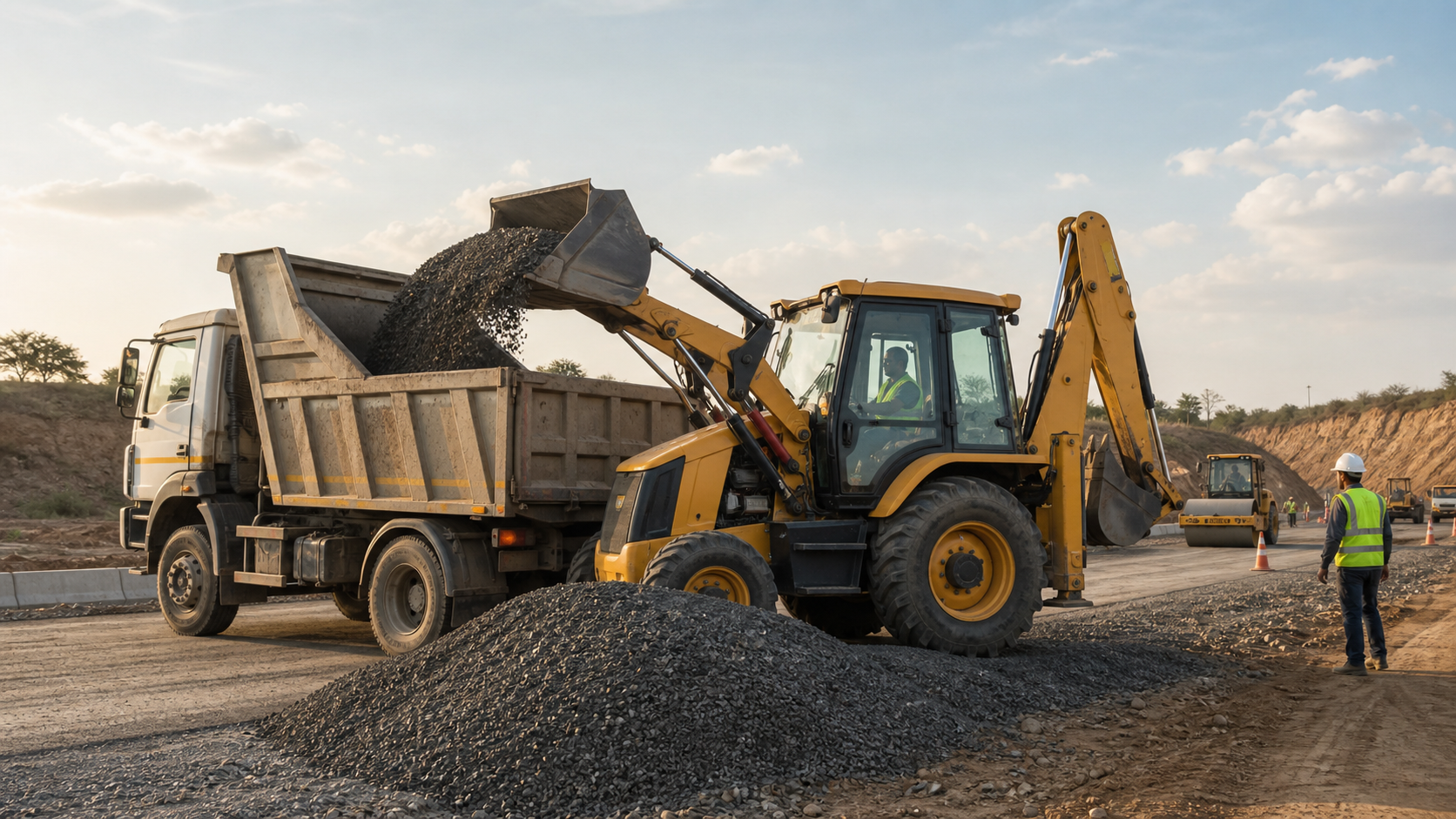 Loader and backhoe handling road material
