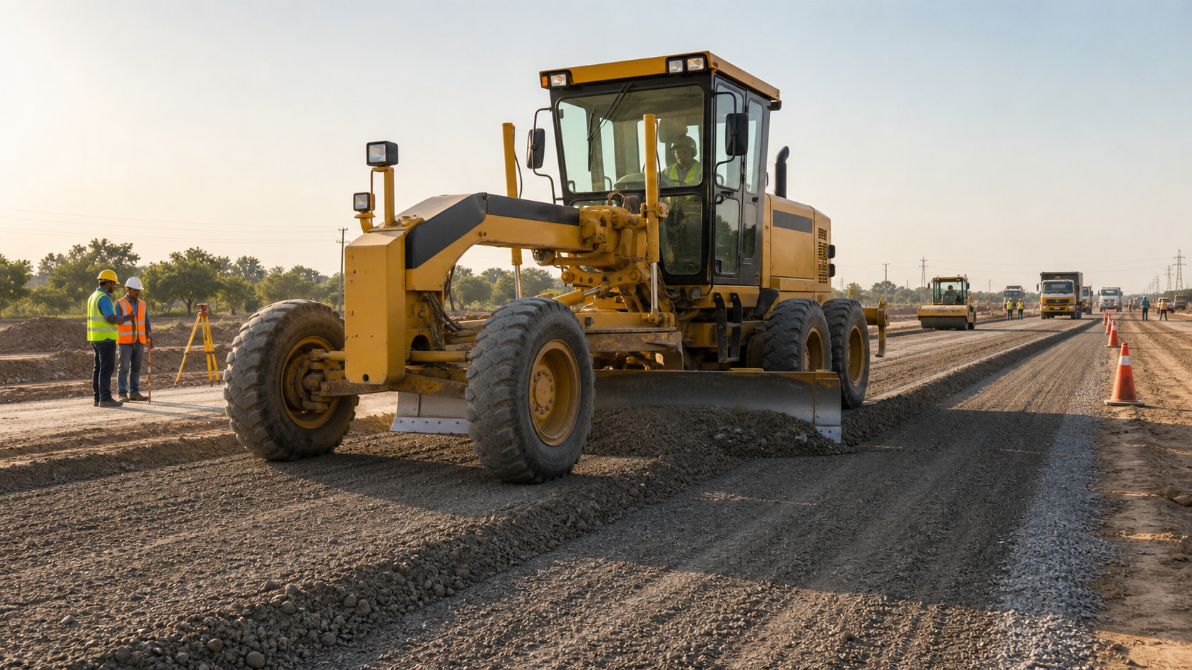 Motor grader shaping road subgrade