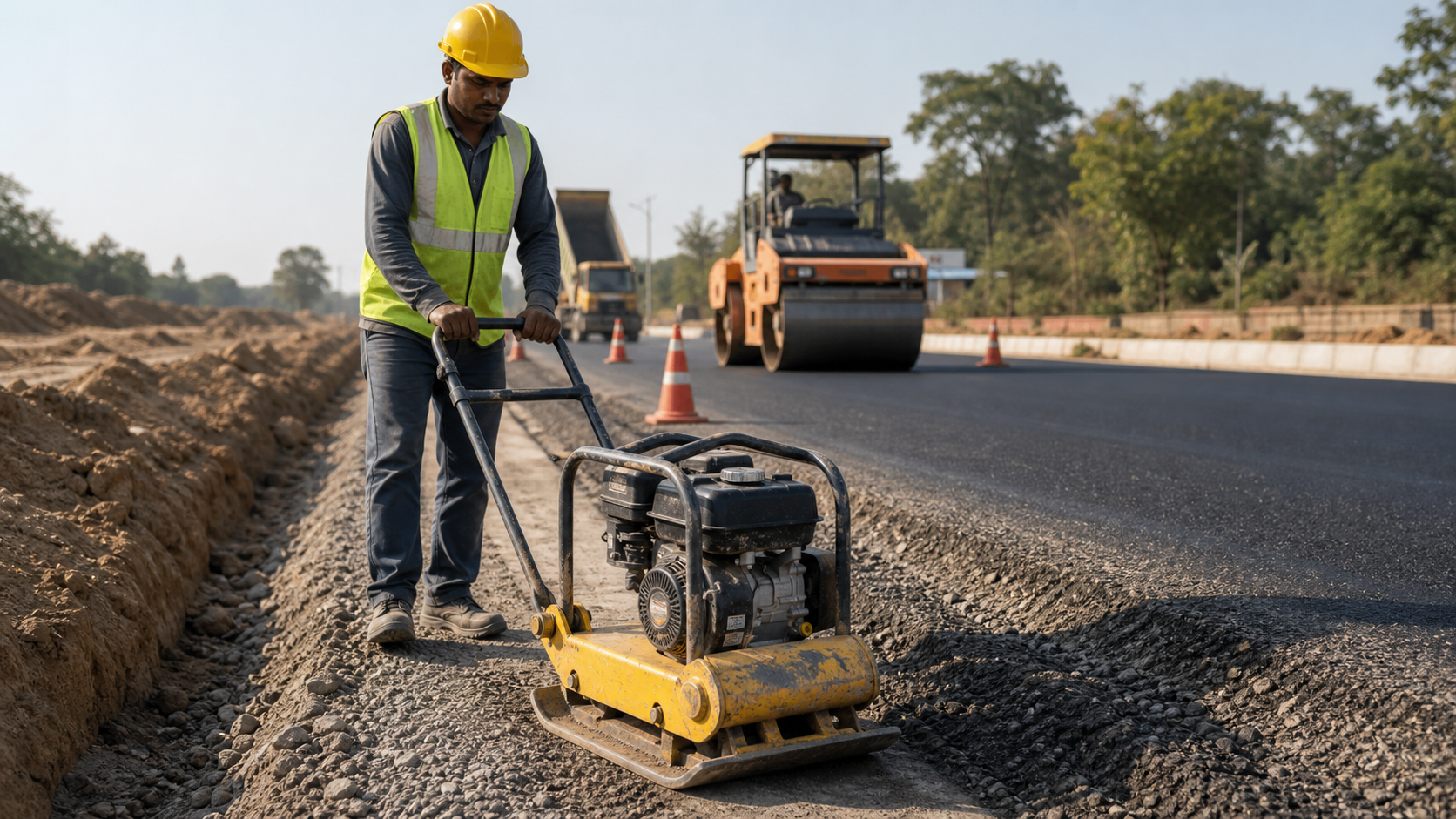 Plate compactor compacting road edge