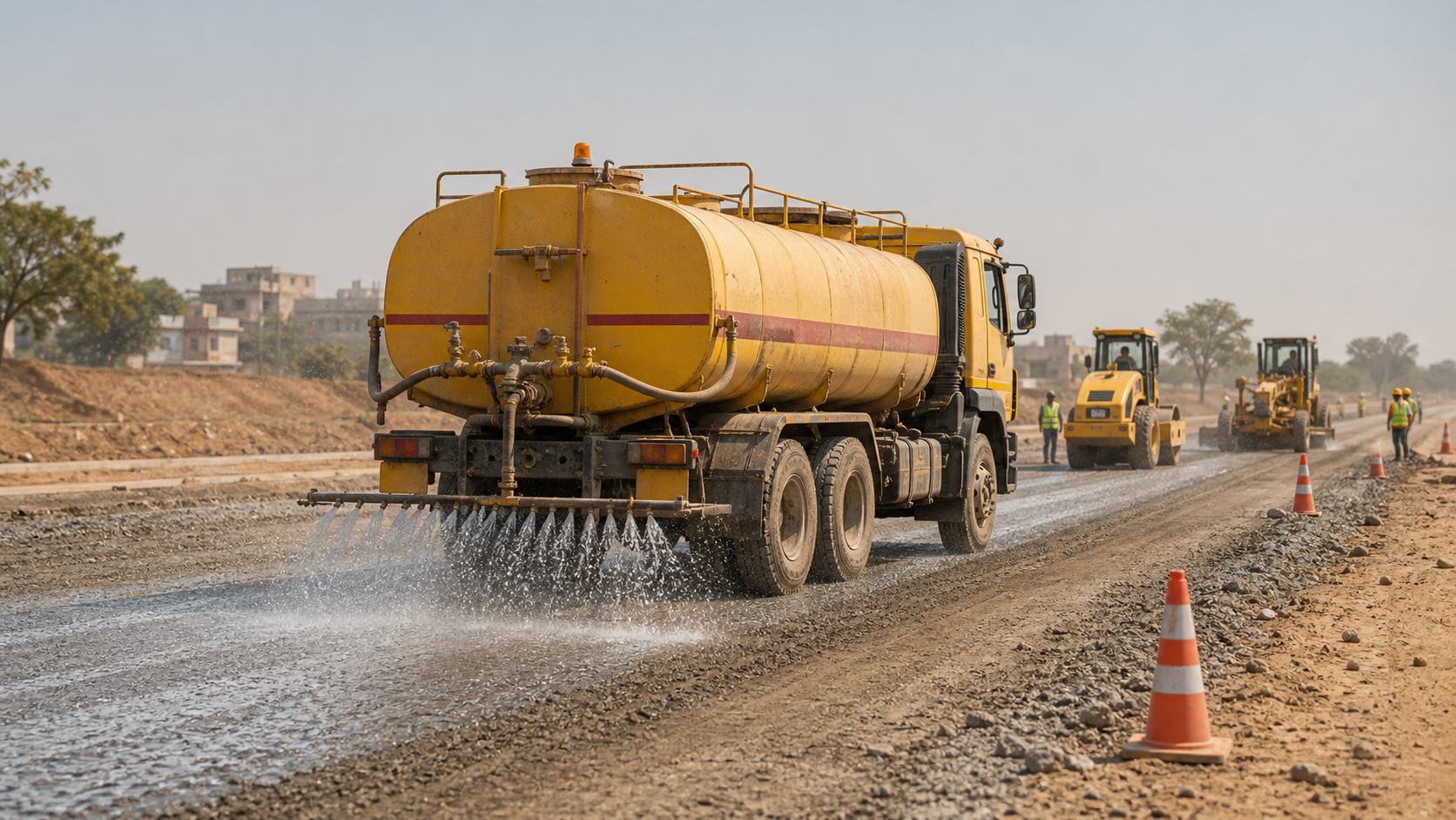 Water tanker spraying road base